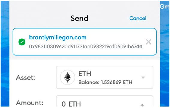 It is now possible to send crypto to a domain name. The  Ethereum Name Service (ENS) system is now depoyed and running.  DNS domain owners can now import their names for use on the Ethereum network and will not have any additional fee.