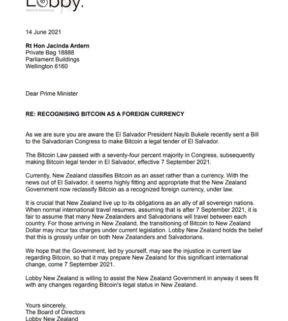 The non-profit organization, Lobby New Zealand, sent a letter to the Prime Minister of that country, Jacinda Ardern, asking her as a representative of the Government to recognize bitcoin (BTC) as a foreign currency.
