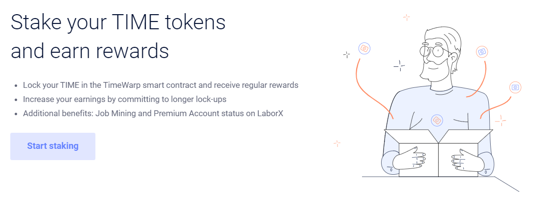 TimeWarp is a smart contract created by the Australian company Chrono.tech to staking with the TIME token while TIME is a native token of the Chrono.tech ecosystem. TIME holders will have access to a Premium Account from LaborX, a platform belonging to the same ecosystem.