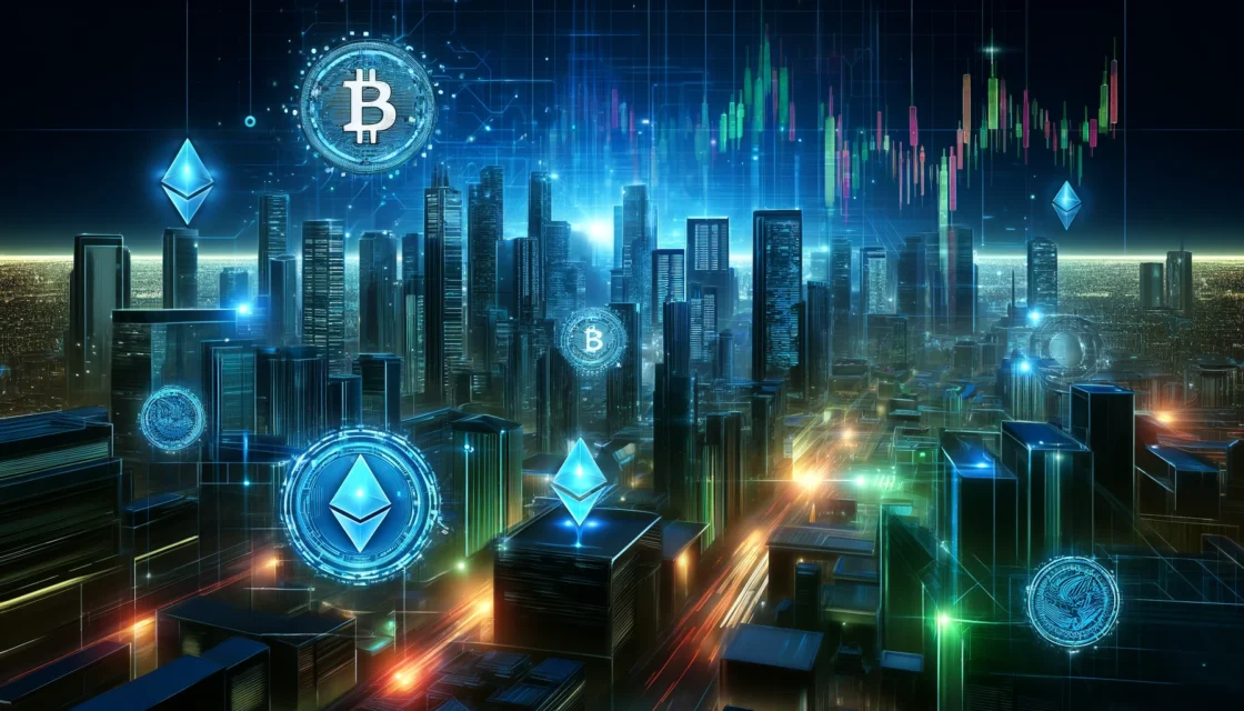 cryptocurrency markets - A futuristic cityscape at night, illuminated by neon lights in blues and greens